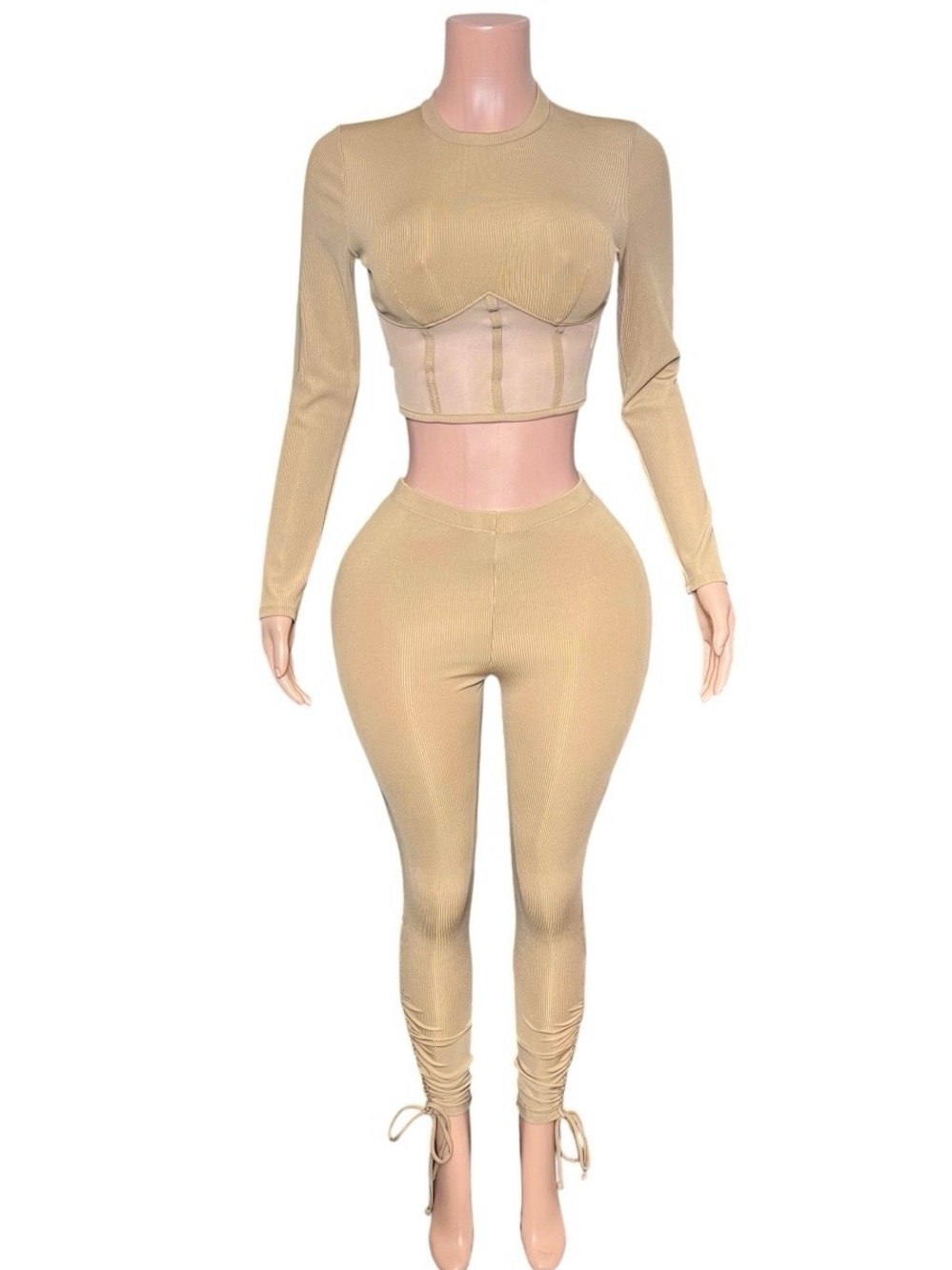 love J Beige Ribbed Corset Crop Top & High-Waist Leggings Set NWOT